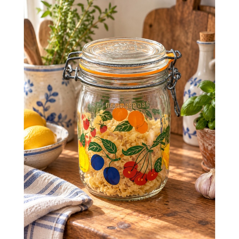 Vintage Le Parfait 1L Glass Canister Fruit Pattern Wire Bail Jar France